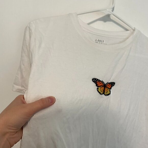 JOHN GALT BRANDY MELVILLE White Embroidered Monarch Butterfly Embroidery T-Shirt - Picture 8 of 11